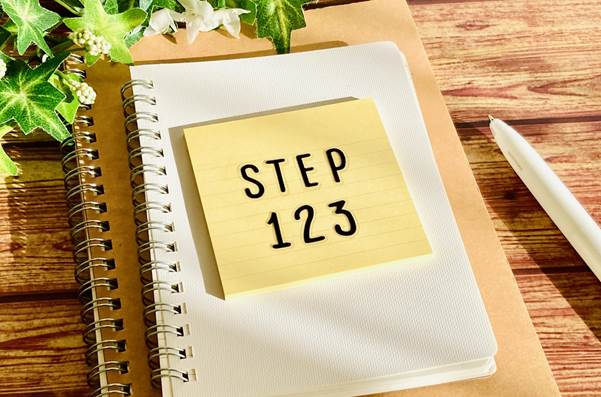 “STEP 123”と書かれた付箋とノート